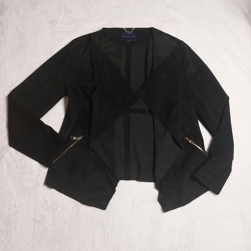 Adrienne Vittadini black draped open front faux suede blazer jacket size L. - Picture 1 of 7